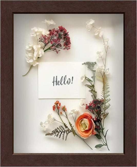 FrameWorks Mahogany Wooden Shadow Box Frame - 8' x 10' Display Case with Soft Felt Back, Tempered Glass, Elegant White Ball Push Pins