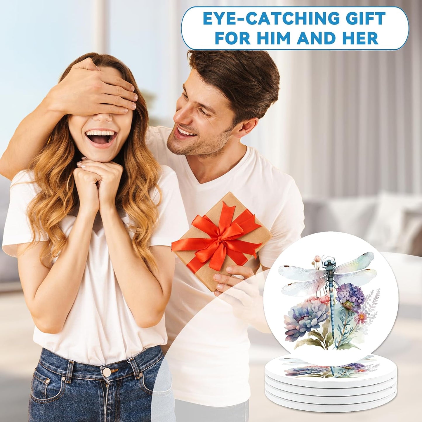 Drinks Coasters Set of 4, Dragonfly Wildflower Round 4" Cup Coasters, Absorbent Ceramic Stone Coasters with Cork Base, Cute Coasters for Table Home Décor, Ideal Gifts for Women Men