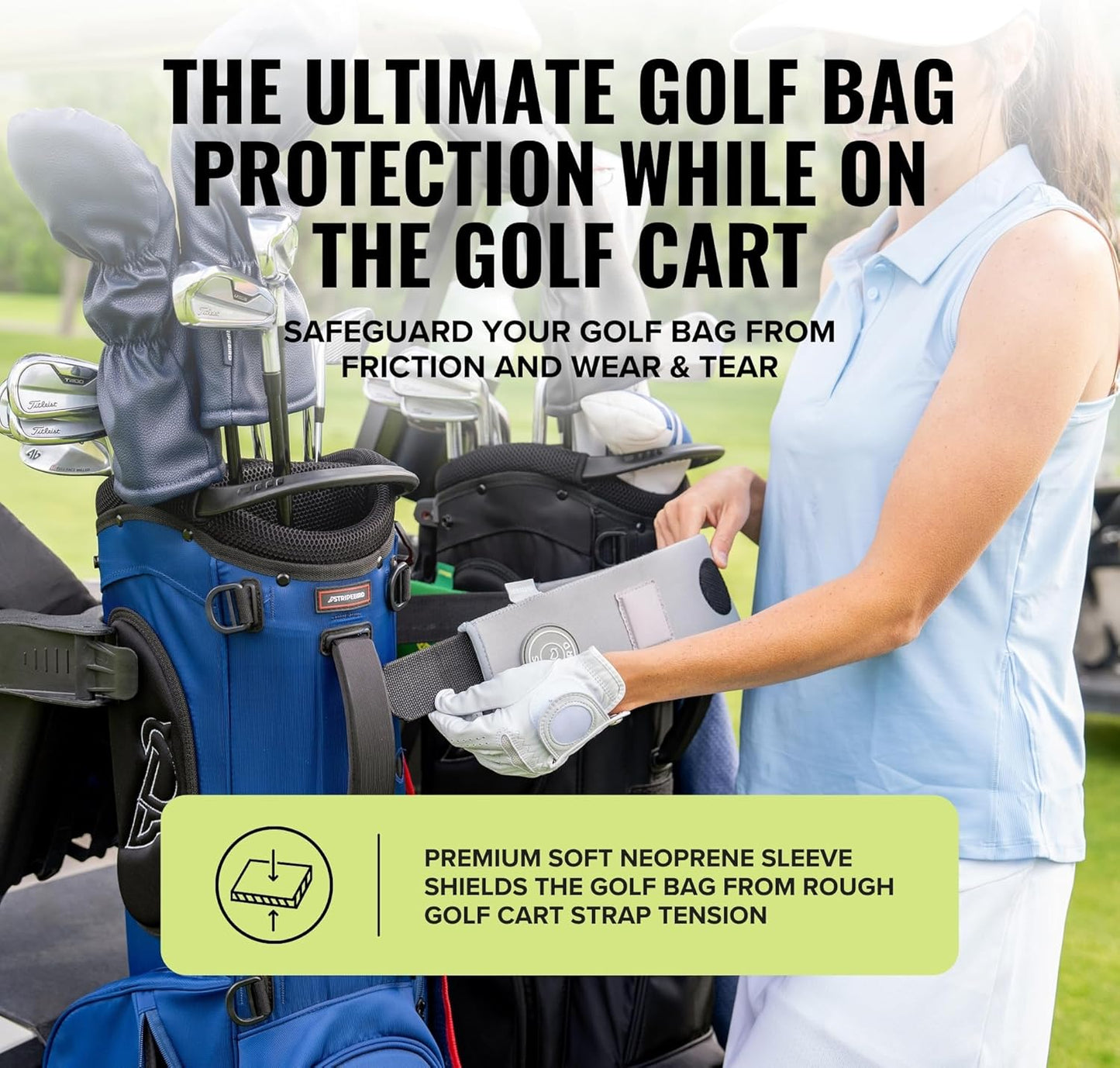 Stripebird - Premium Golf Cart Strap Sleeve Protector - Save Your Golf Bag from Golf Cart Straps - Includes Magnetic and Steel Plate for Magnetic Golf Accessories