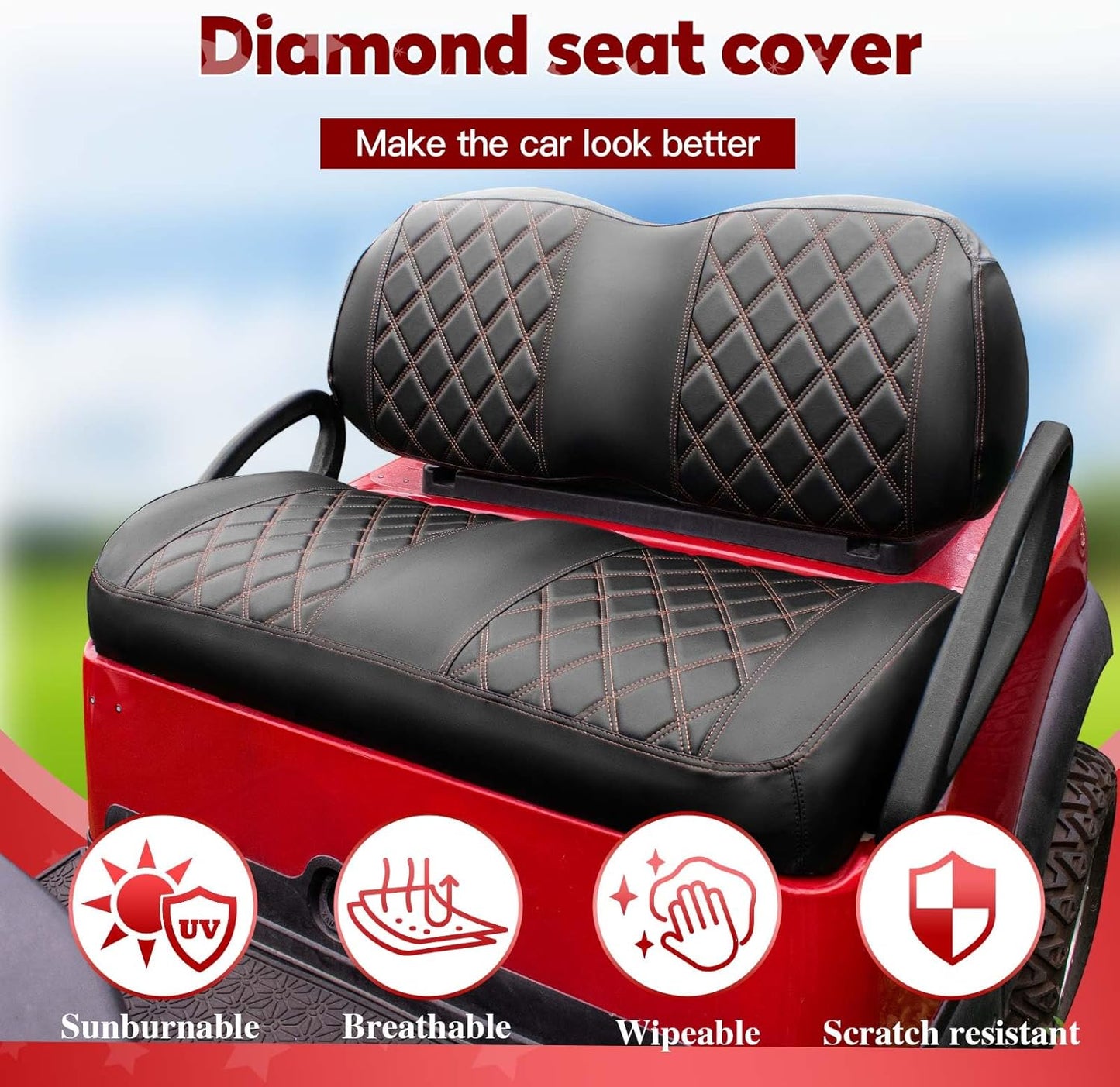 NOKINS Golf Cart Seat Covers Fit Club Car Precedent/Tempo/Onward Premium Front Seat Cushion, Golf Cart Vinyl Leather Diamond Seat Covers, Soft/Scratch-Resistant/No Stapler Needed
