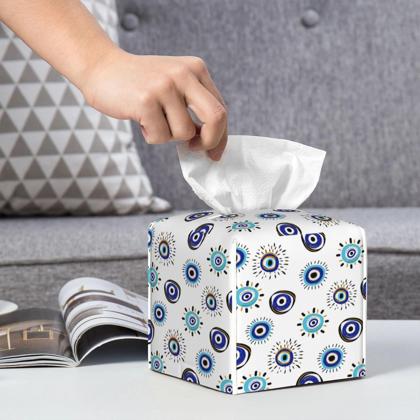 Evil Eye Tissue Box Cover Leather Tissue Box Holder Square Facial Paper Organizer Dispenser for Bathroom Kitchen Bedroom Vanity Countertop Night Stands