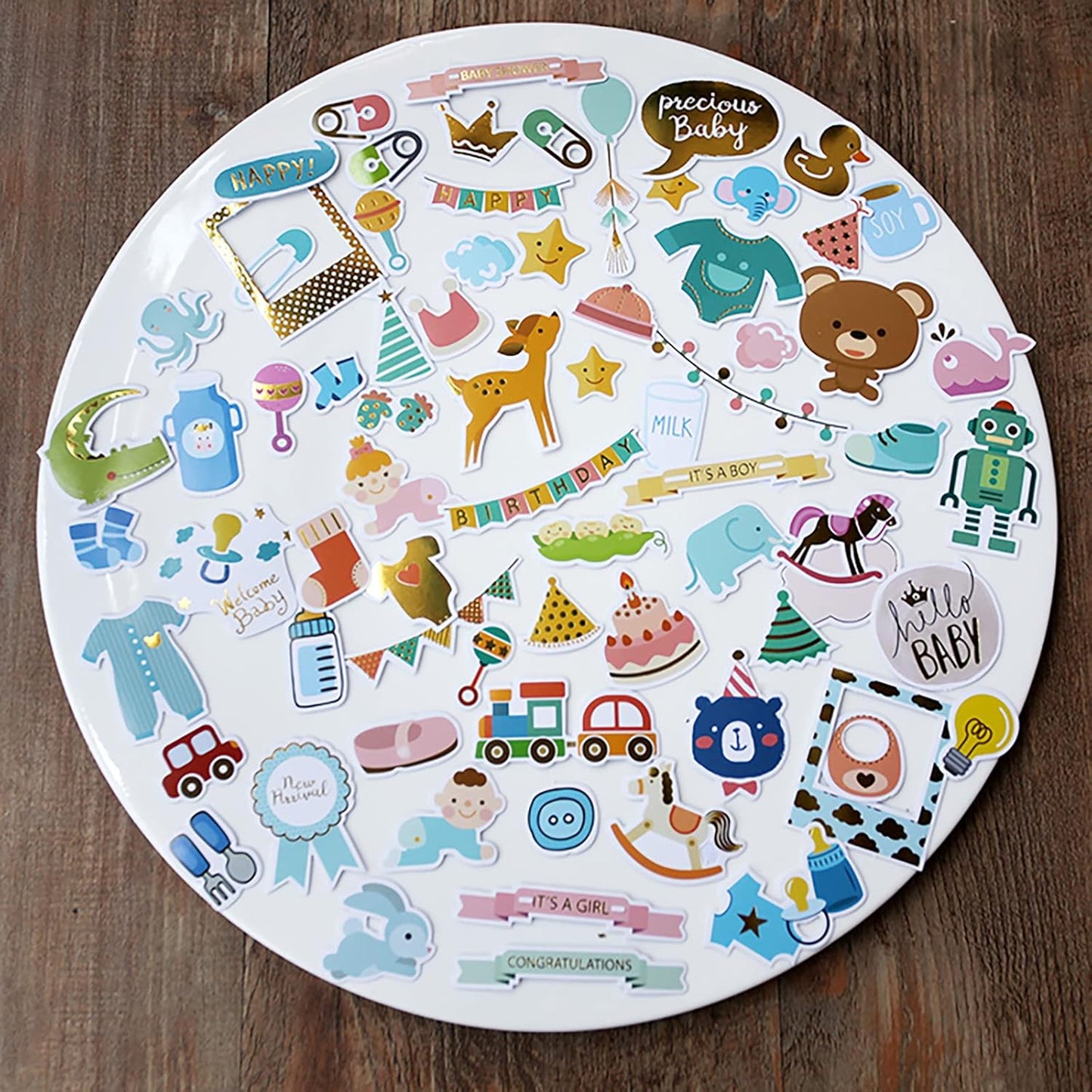 Doraking 73PCS Baby Loves Foil Gold Decorative Stickers for Scrapbook Journals Birthday Party Invitation Cards Kids Gift Wrap Stickers, Doraking No-Repeat Cute Cartoon Stickers (Baby)