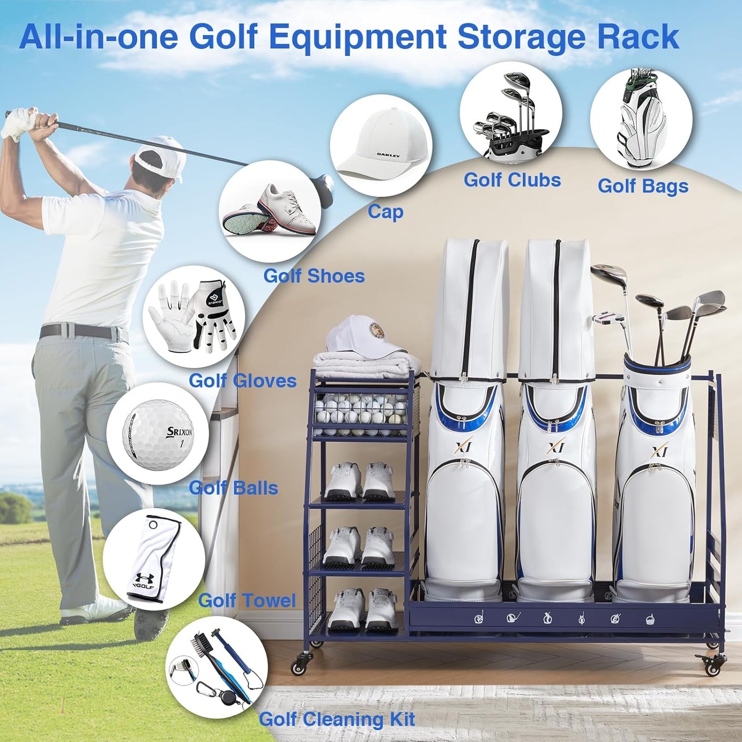 Lauren&Harold Golf Bag Organizer Garage Storage, Golf Storage Rack Stand Fits 2 Golf Bags, Golf Clubs and Other Golfing Equipment Accessories, Golf Organizer for Garage, Club, Shed, Basement