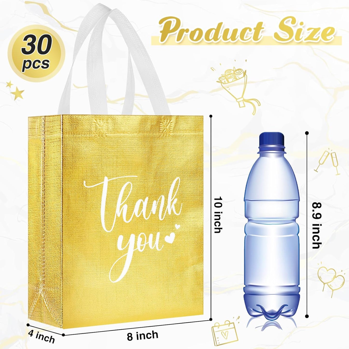 Sweetude 30 Pcs Thank You Gift Bags with Handles Bulk Reusable Goodie Bag Non Woven Foldable Handbag for Graduation Wedding Bridesmaid Gifts (10 x 8 x 4 Inch,Gold)