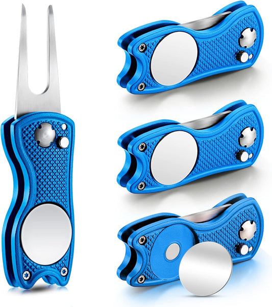 Skylety 4 Pcs Golf Divot Repair Tool Metal Foldable Golf Divot Tool with Magnetic Pop-up Button Ball Marker Stainless Steel Switchblade for Golfers Prizes