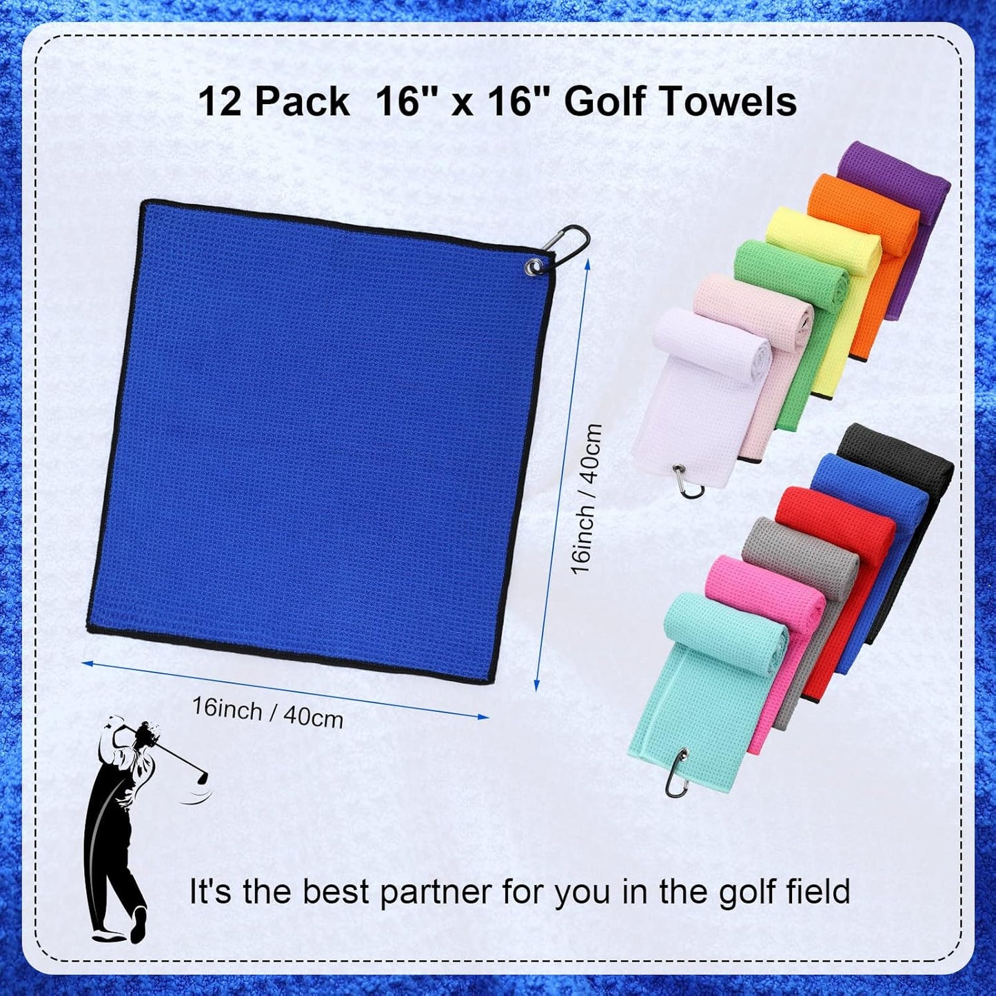 Batiyeer 12 Pcs Golf Towel Bulk for Golf Bags 16'' x 16'' Microfiber Fabric Towel with Clip Waffle Pattern, Fitness, Camping, Hiking, Yoga