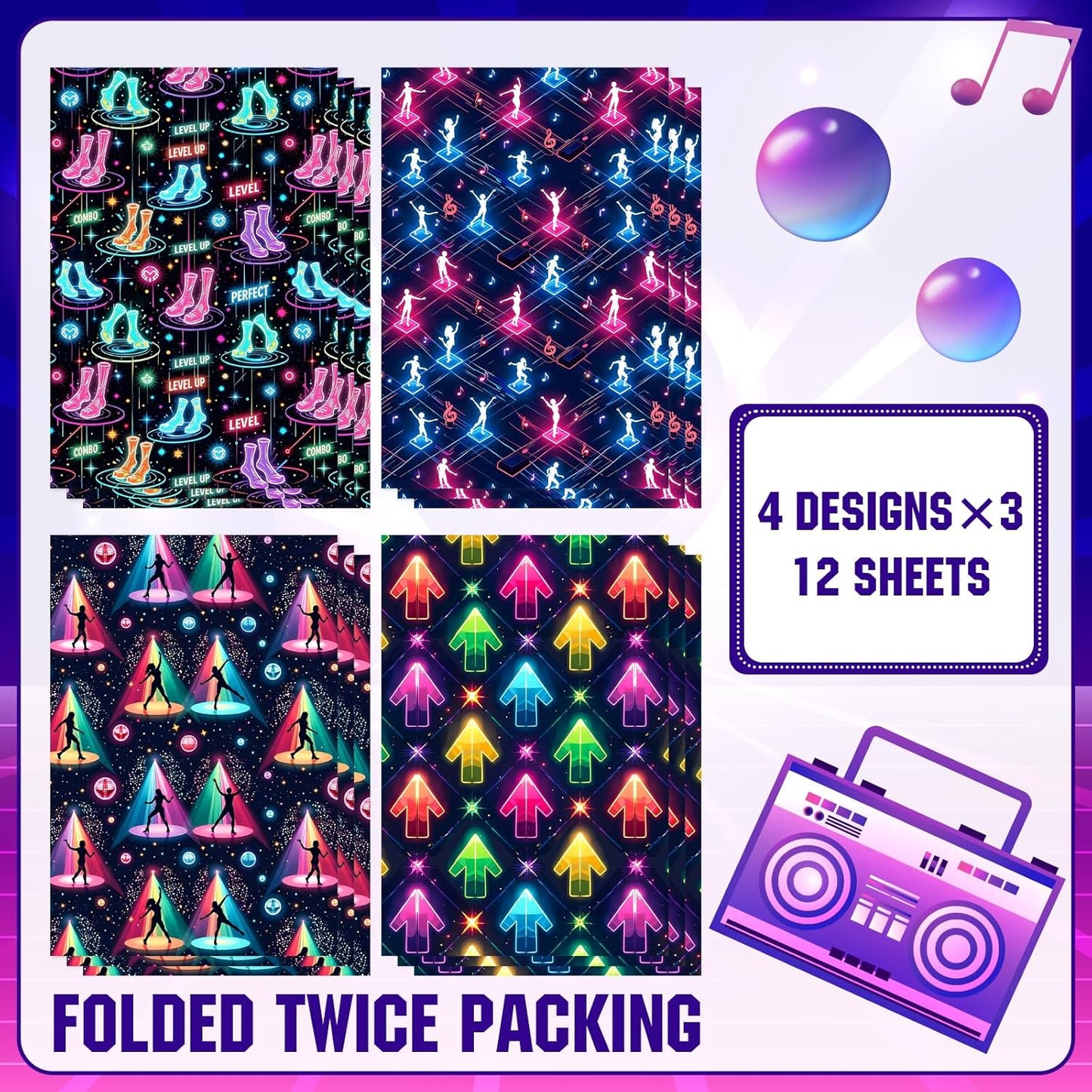Pineraap Neon Dance Wrapping Paper 12 Sheets, Disco theme Gift Wrap for Gamers,Dance Enthusiasts,20"×28"