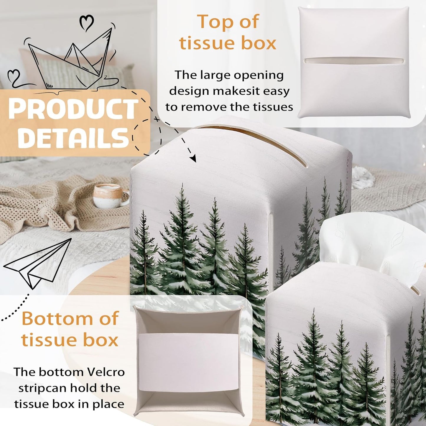 Winter Pine Tree Tissue Box Holder, Leather Tissue Box Cover Square with Bottom Belt, Paper Facial Decorative Tissues Cover for Night Stands Bathroom Kitchen Office Home Decor-B23
