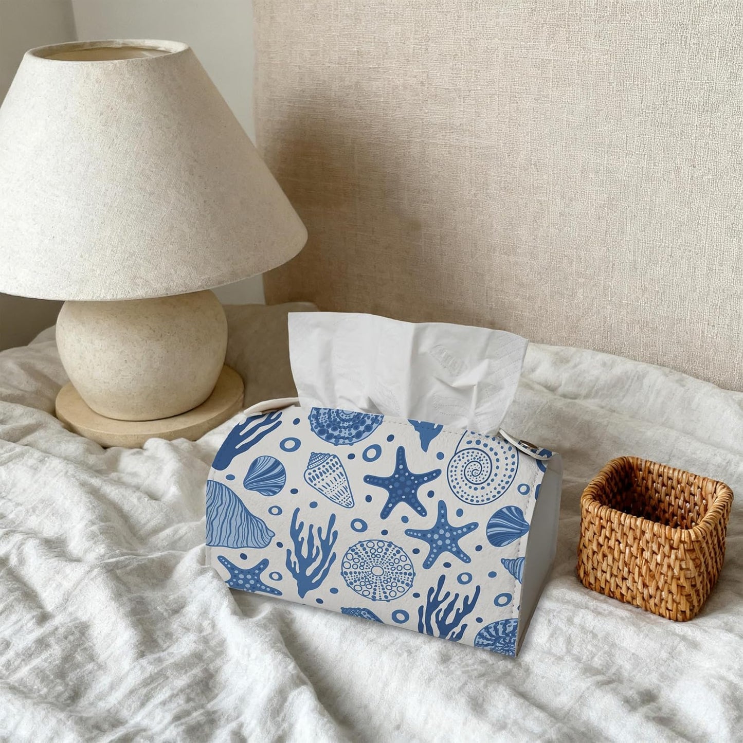 Starfish Seashell Coral Tissue Box Cover Holder – Undersea World Rectangular Tissue Organizer, Decorative Napkin Box Case for Home, Office & Car