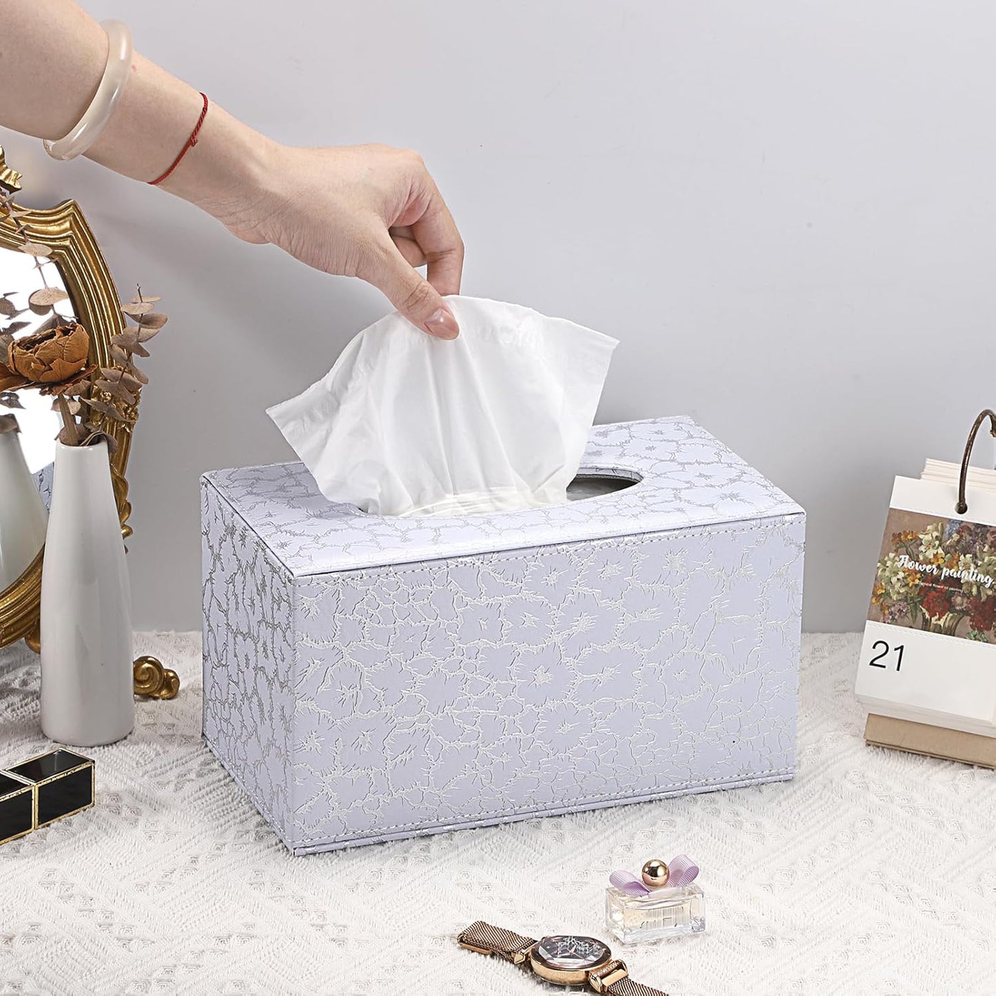 Sumnacon Rectangle Tissue Box Cover - Large Leather Tissue Box with Magnetic Bottom, Stylish PU Tissue Box Holder, Cube Tissue Cover for Bathroom Toilet Bedroom Living Room Table Desk Office,Silver