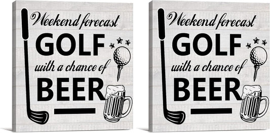 Weekend Forecast Golf Canvas Prints Wall Art Decor Desk Sign Golfing Poster Painting Framed Artwork 8 x 8 Inch Rustic Home Office Shelf Wall Decoration Gift for Golf Lover Golfer (Pack of 2)