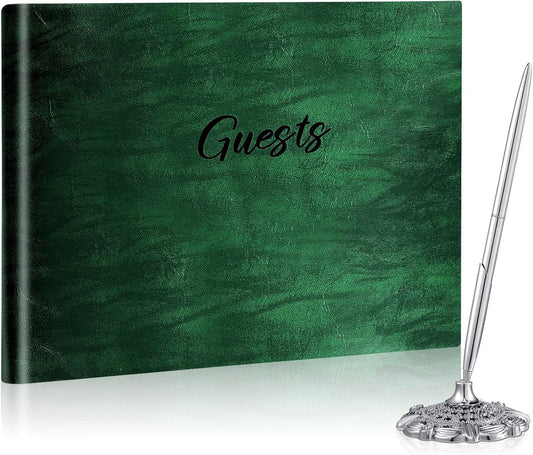 Leather Guest Book and Pen Stand Set, 10.5" x 8" Embossed Guests Sign in Book Registry Book for Funeral, Wedding Reception, Vacation Homes and Events, 80 Sheets (Green)