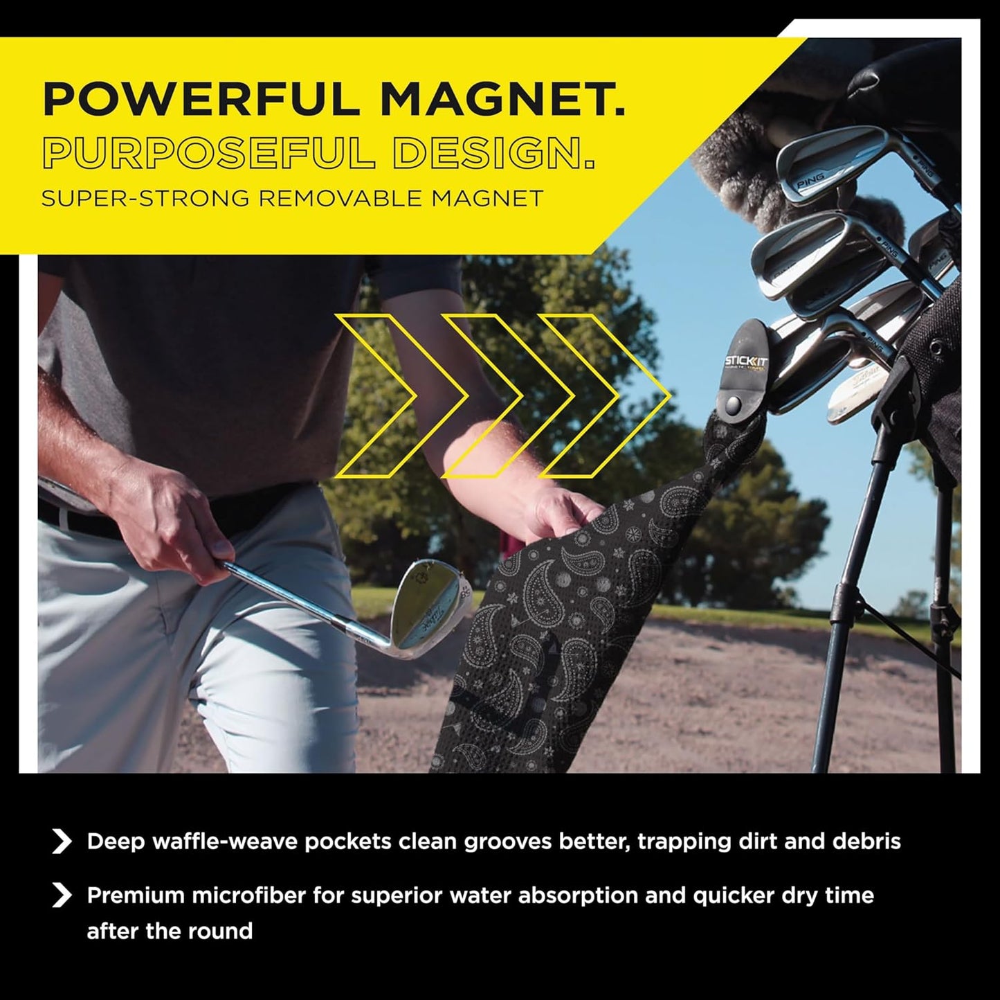 STICKIT Magnetic Golf Towel, Black Paisley | Top-Tier Microfiber Golf Towel with Deep Waffle Pockets | Industrial Strength Magnet for Strong Hold to Golf Carts or Clubs