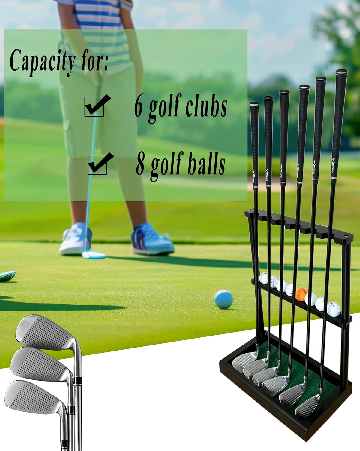 Golf Club Holder Stand, Wooden Golf Putter Stand Floor Display Rack, Golf Club Organizer Hold up to 6 Clubs and Ball Storage, Putter Rack for Indoor Club Simulator or Office