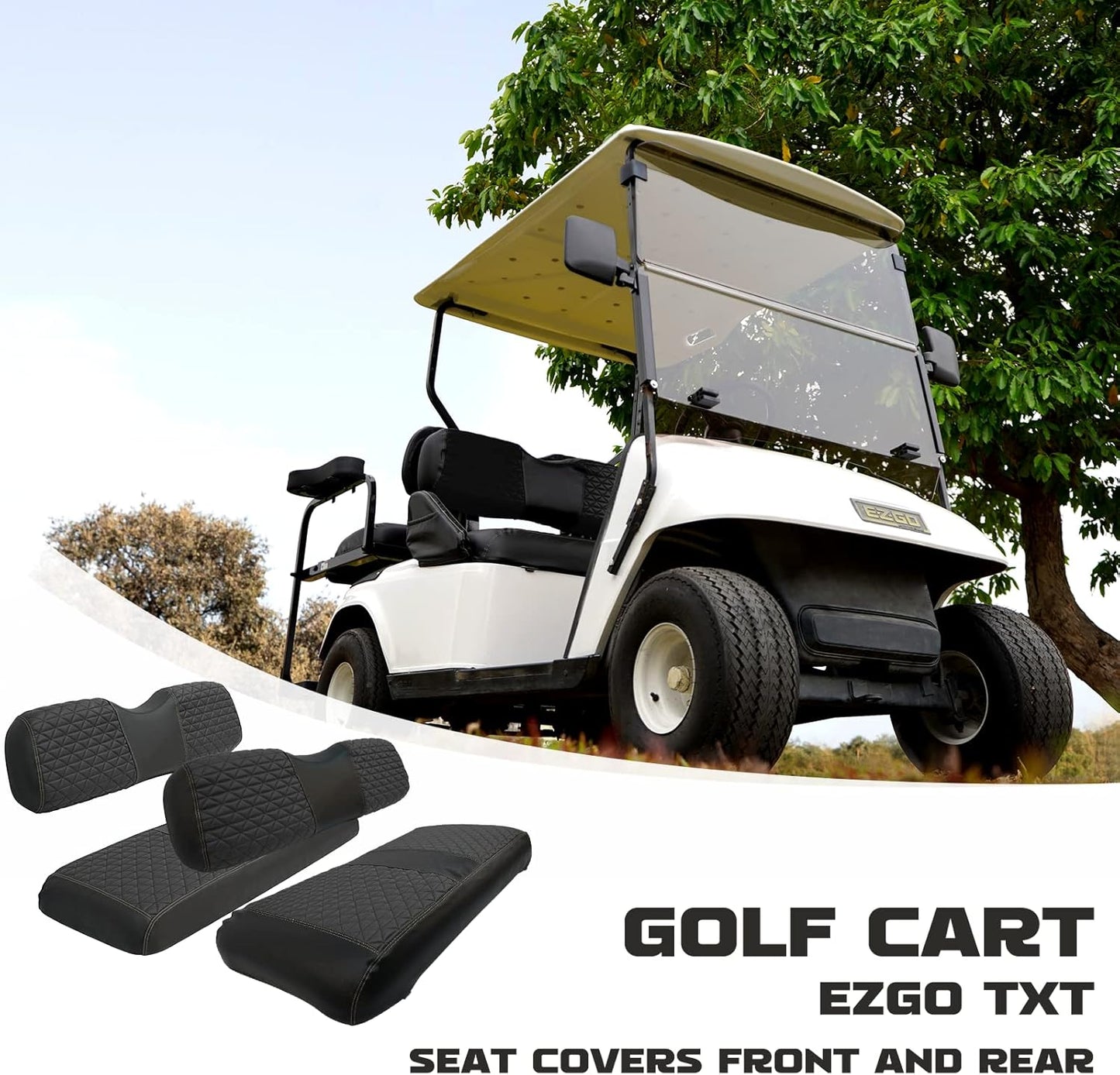 XUANYUDG0769 Golf Cart Front and Rear Seat Covers for EZGO TXT/RXV Club Car DS/Precedent Yamaha G29, Vinyl Leather Made/Adjustable Straps and Retractable Buckle/No Stapler Required,4PCS