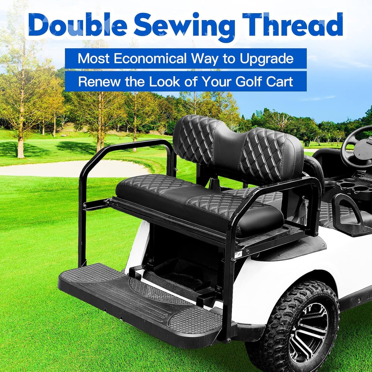 NOKINS 4PCS Golf Cart Diamond Seat Covers Kit, Front&Rear Seat Covers Fits EZGO TXT 1994-2013/EZGO RXV Standard Seat Cushion, EZGO Vinyl Seat Cover Accessories, No Staples(Black&Black Stitch)