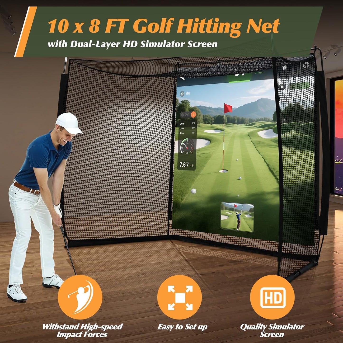 Golf Net with Simulator Impact Screen and Target Cloth, 10x8ft Golf Practice Net for Backyard, Portable Heavy Duty Golf Hitting Net for Outdoor Indoor