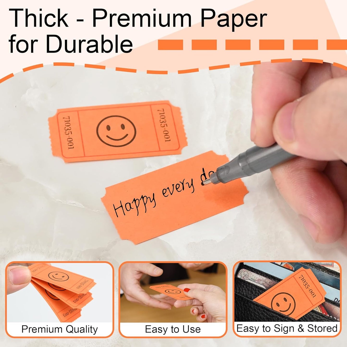 L LIKED 500-Count Smile Raffle Tickets-1"x2" Single Roll Raffle Tickets -Orange (6 Color Selection),Easy-Tear Consecutive Numbered Tickets Ideal for Events, Carnivals, School Rewards & Prize Drawings