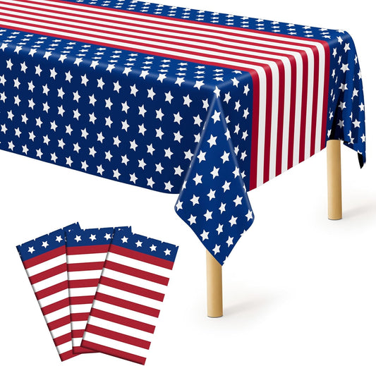 QZYL 3 Pack 4th of July Tablecloths, 54" x 108" Patriotic Plastic Tablecloth, Rectangle Fourth of July Table Cloth Red White Blue Tablecover, Patriotic Party Supplies Independence Day Decorations