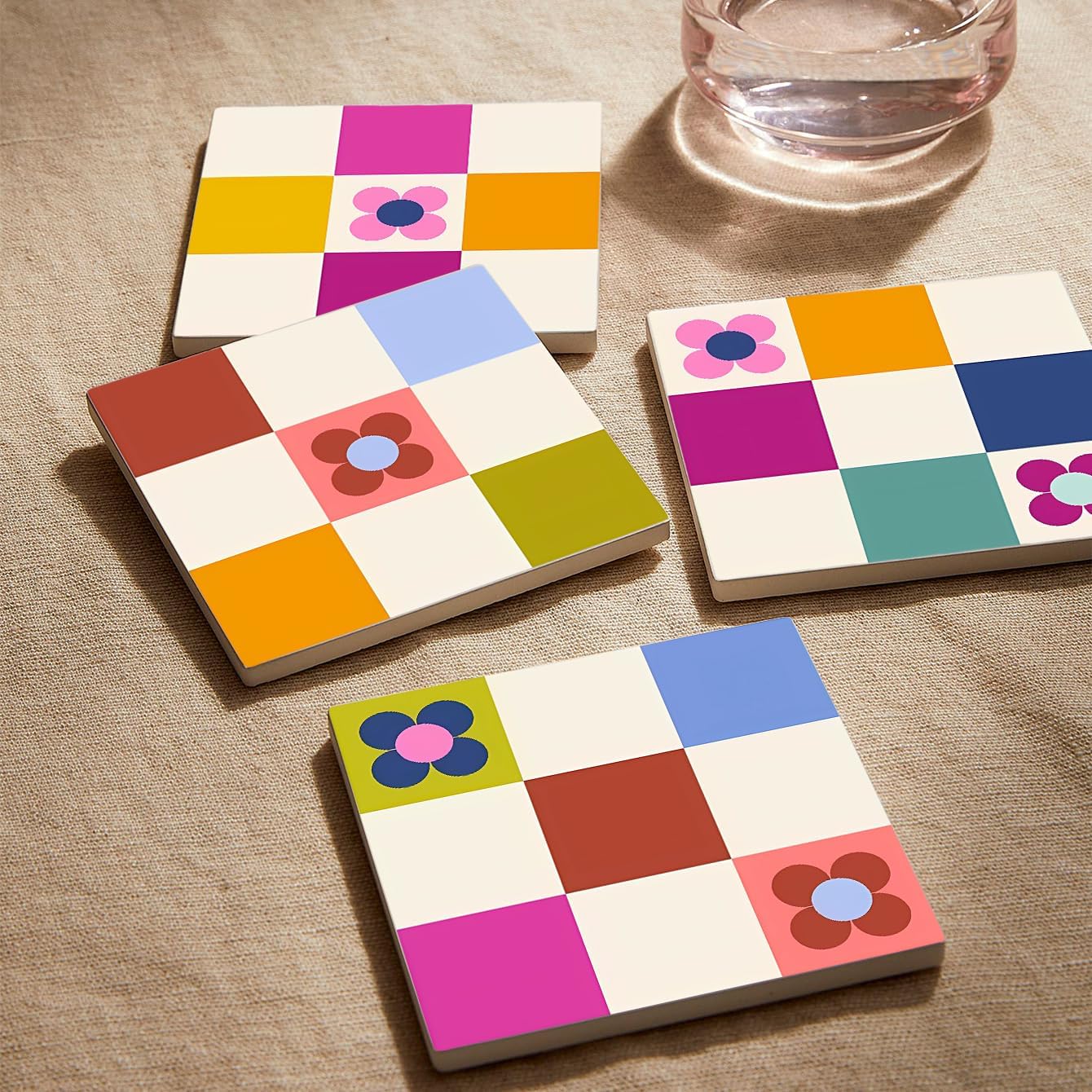 MAYCARI Contrasting Color Cartoon Flower Coasters Set of 6 Cork Backed Checkered Flower Coasters with Metal Holder Ceramic Surface Drink Cup Mats for Tabletop Protection Desk Decoration Birthday Gifts