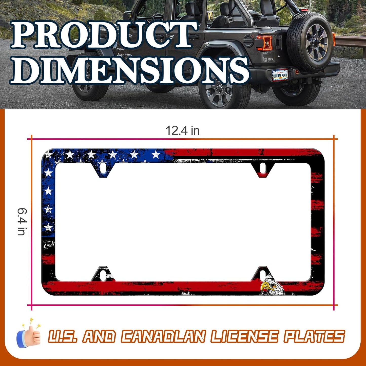 American Flag Eagle License Plate Frames - 2 Pack Front Rear Patriotic License Plates Holder Covers, Aluminum Metal Rust-Proof Waterproof Car Tag Frame with Screws Fasteners Caps