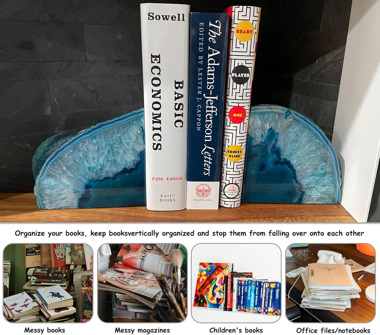 AMOYSTONE Teal Agate Geode Bookends, Unique Natural Crystal Book Holder 2-3 LBS with Rubber Bumpers, Sujetalibros for Small Books and Kitchen Cookbooks, Stylish and Functional