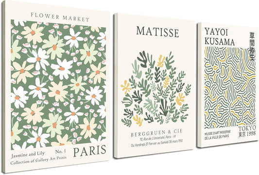 Induslyfe Framed Green Wall Art Canvas Decor Set of 3, Matisse Wall Art Framed Prints Posters Mid Century Modern Art, Aesthetic Floral Botanical wall art for bedroom, living room bathroom 12x16