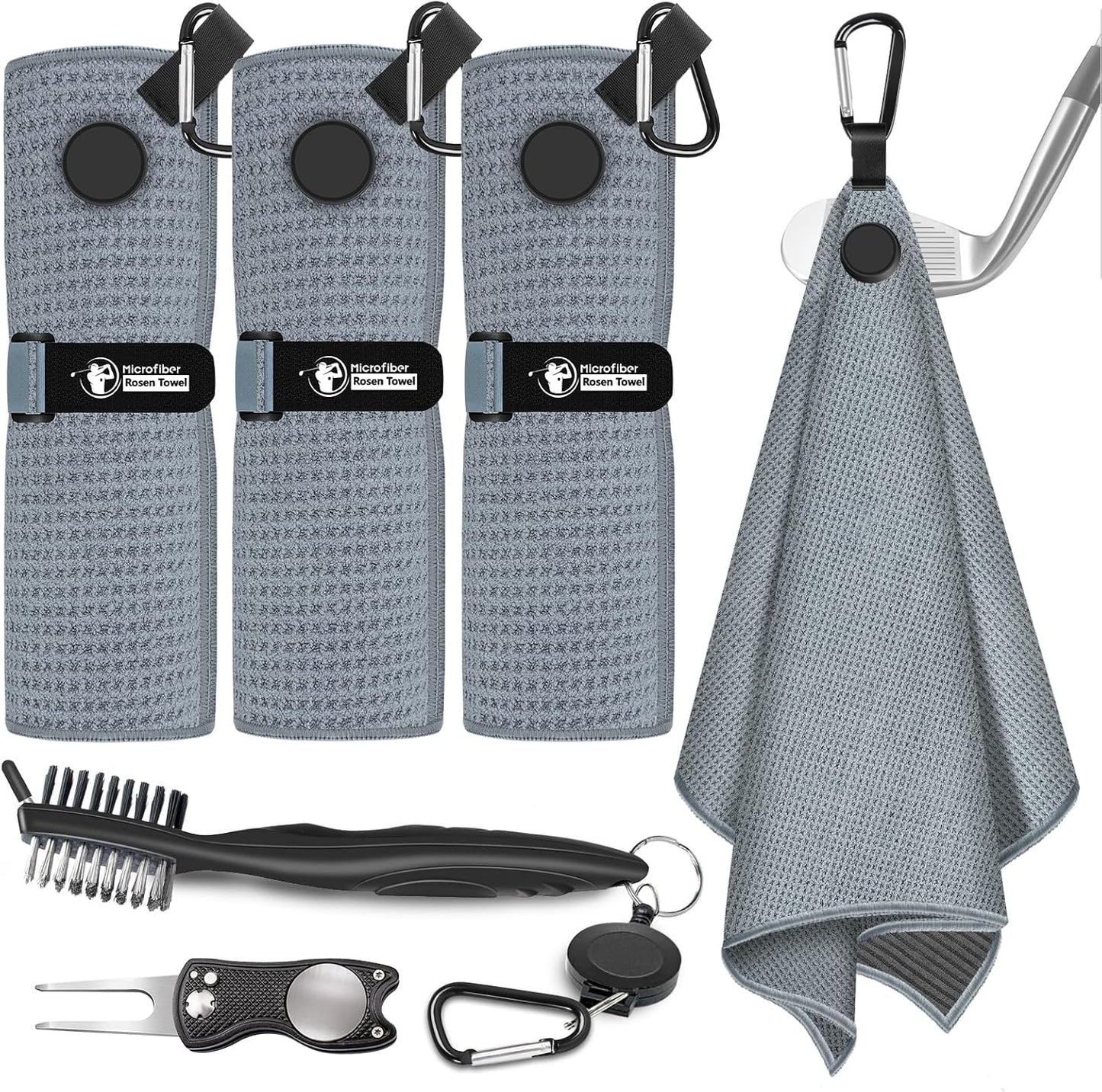 3 PCS Magnetic Golf Towels with Brush and Divot Tool, Microfiber Golf Towel with Wire Cleaning Cloth for Men, Industrial Strength Magnet for Strong Hold to Golf Bags, Carts or Clubs (3 Pack Gray)
