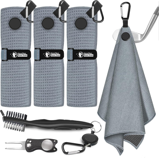 3 PCS Magnetic Golf Towels with Brush and Divot Tool, Microfiber Golf Towel with Wire Cleaning Cloth for Men, Industrial Strength Magnet for Strong Hold to Golf Bags, Carts or Clubs (3 Pack Gray)