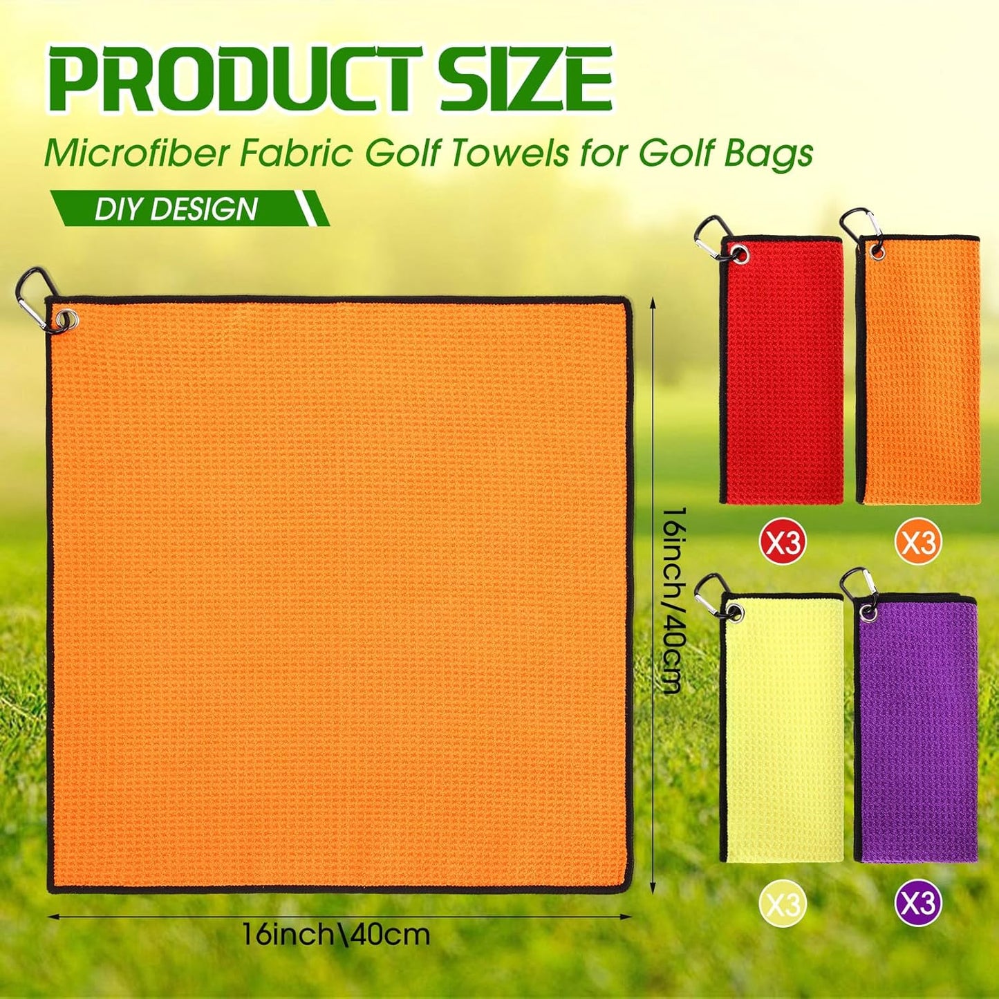 Batiyeer 12 Pcs Golf Towel Bulk for Golf Bags 16'' x 16'' Microfiber Fabric Towel with Clip Waffle Pattern, Fitness, Camping, Hiking, Yoga