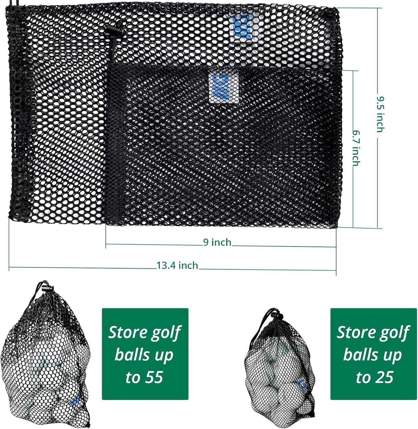Mesh Bags with Drawstring - 2 Pack Nylon Golf Ball Storage Mesh Bags Sports Equipment Organizer Sack for Collecting Half Balls, Tennis, Toys, Beach, Travel