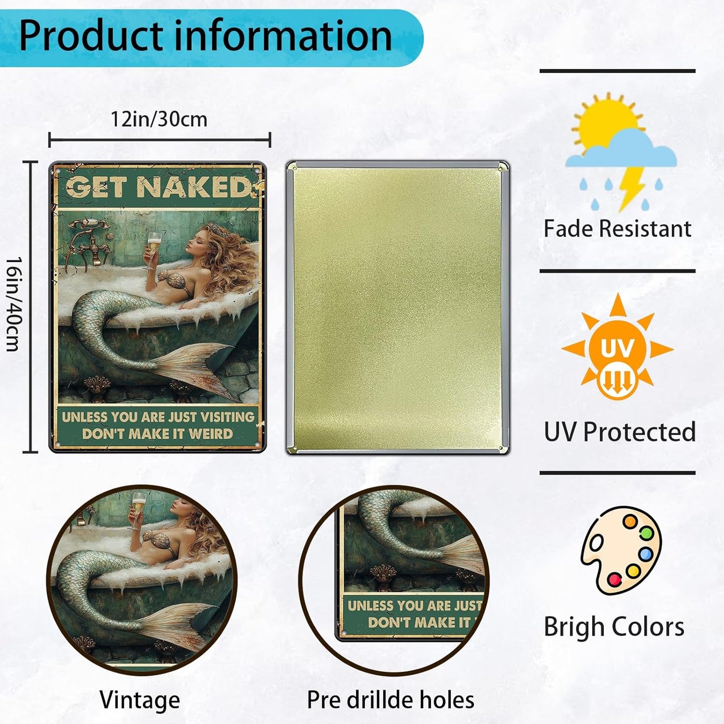 Vintage Tin Sign Metal Tin Sign Mermaid Get Naked Don't Make It Weird Metal Sign Iron Painting Retro Wall Decor Poster for Home Hotel Cafes Sign Gift 12x16 Inch