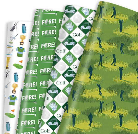Golf Wrapping Paper 12 Sheets Carts Bags Fore Designs Gift Wrap for Golf Lovers, Players, Coaches, 20"×28"