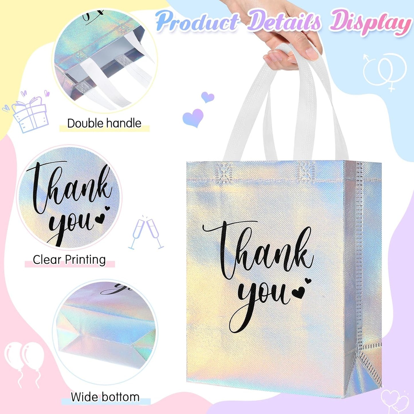 Sweetude 30 Pcs Thank You Gift Bags with Handles Bulk Reusable Goodie Bag Non Woven Foldable Handbag for Graduation Wedding Bridesmaid Gifts(10 x 8 x 4 Inch,Laser)