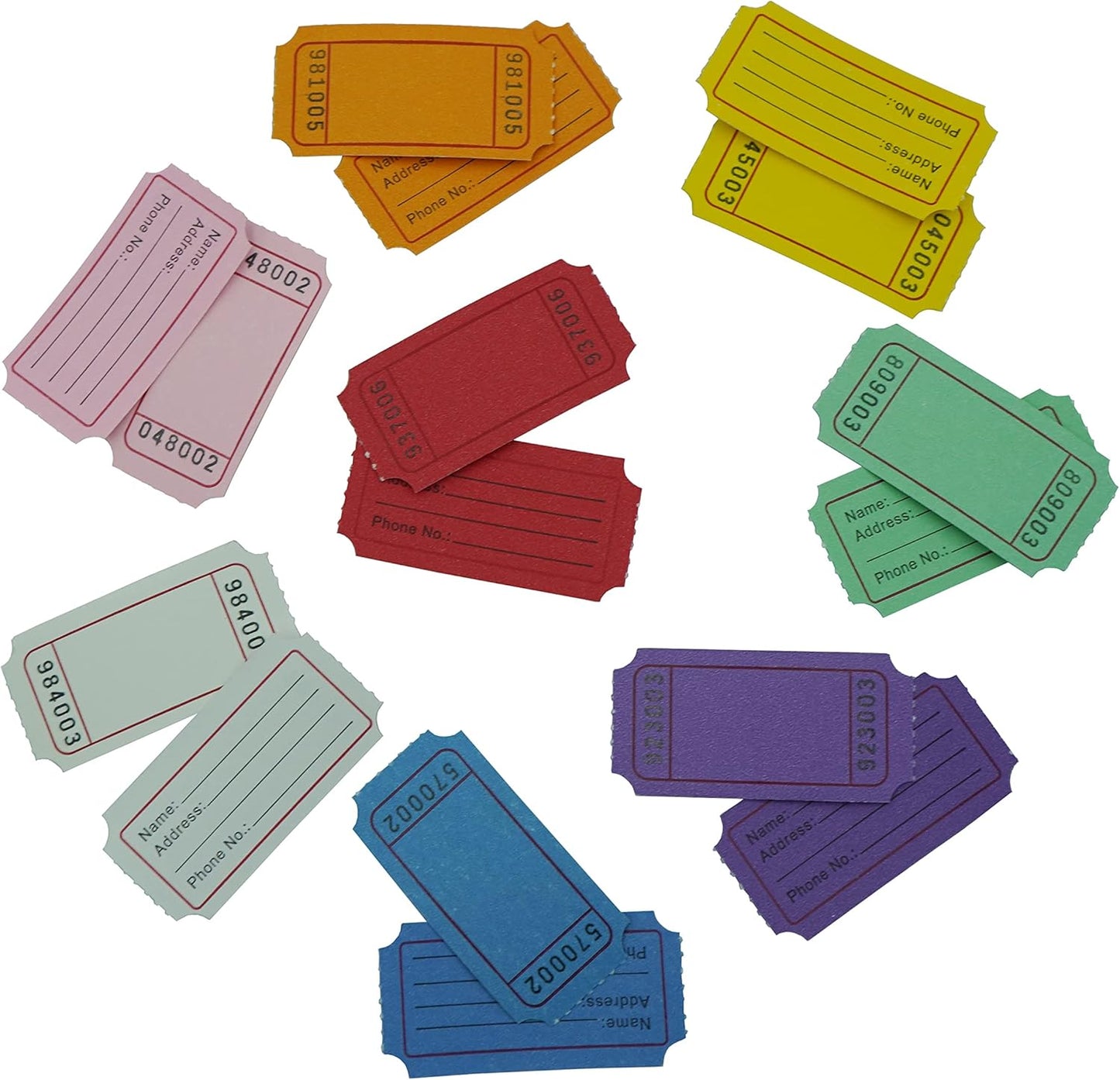 DNB 16000 Pcs Raffle Tickets - 8 Color Set of 2000 Pcs 2 x 1 Inch Single Roll Consecutively Numbered Blank Tickets - Pink/Red/White/Green/Blue/Yellow/Orange/Purple