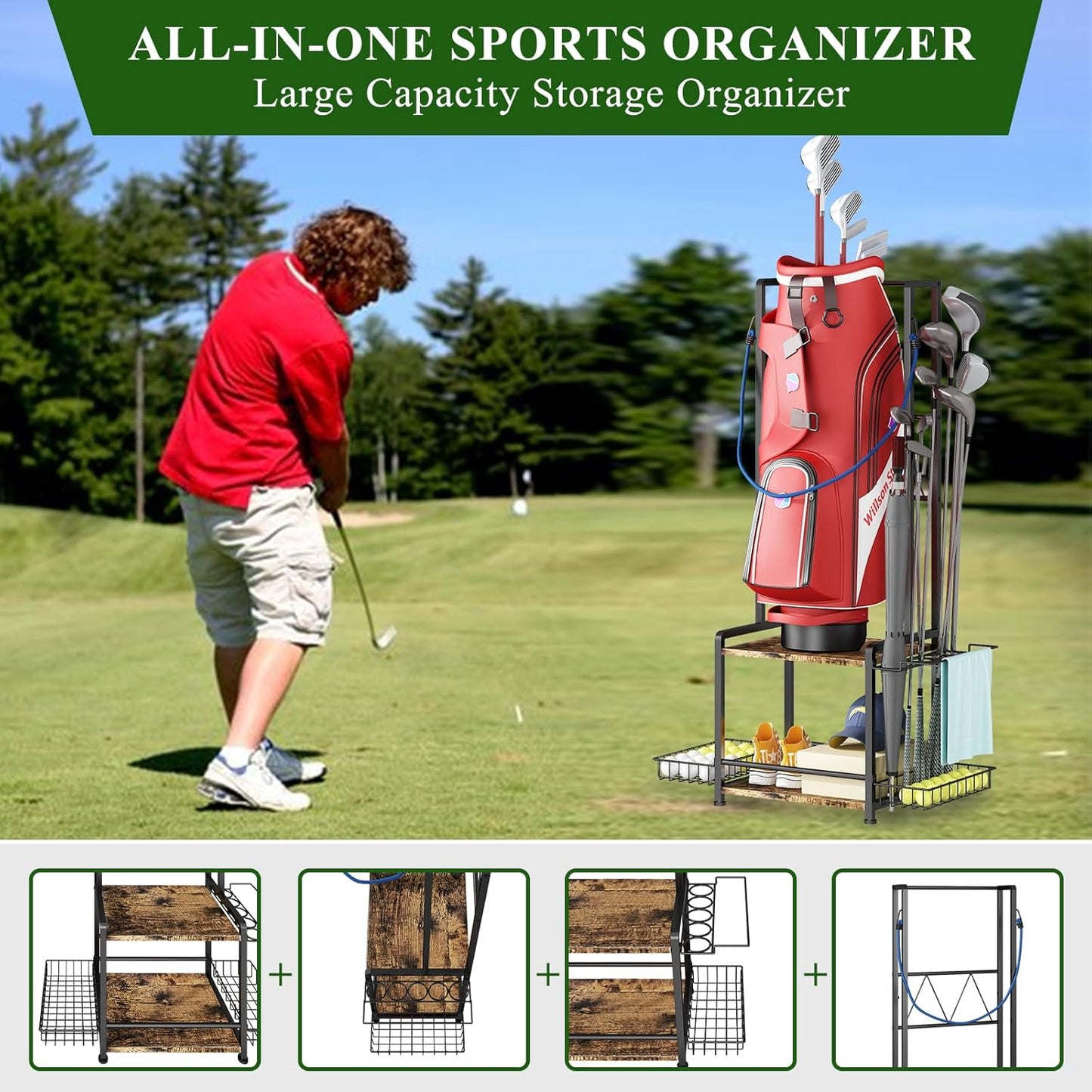GILLAS Golf Bag Storage Garage Organizer, Golf Bag Stand Fit for 2 Golf Bags, Golf Equipment Accessories, Golf Bag Storage Rack with Wheels for Garage, Club, Shed, Basement
