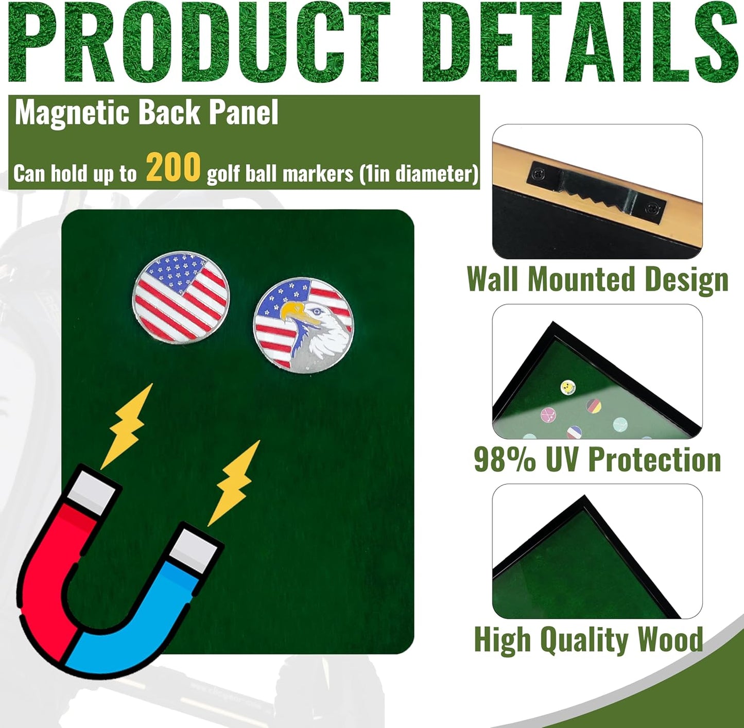 100 Golf Ball Marker Display Case Magnetic 15.5" W x 16.5" H Wall Mounted Ball Marker Display Frame Shadow Box Acrylic Cover Magnetic Back Panel Suitable for Collecting Golf Ball Marker