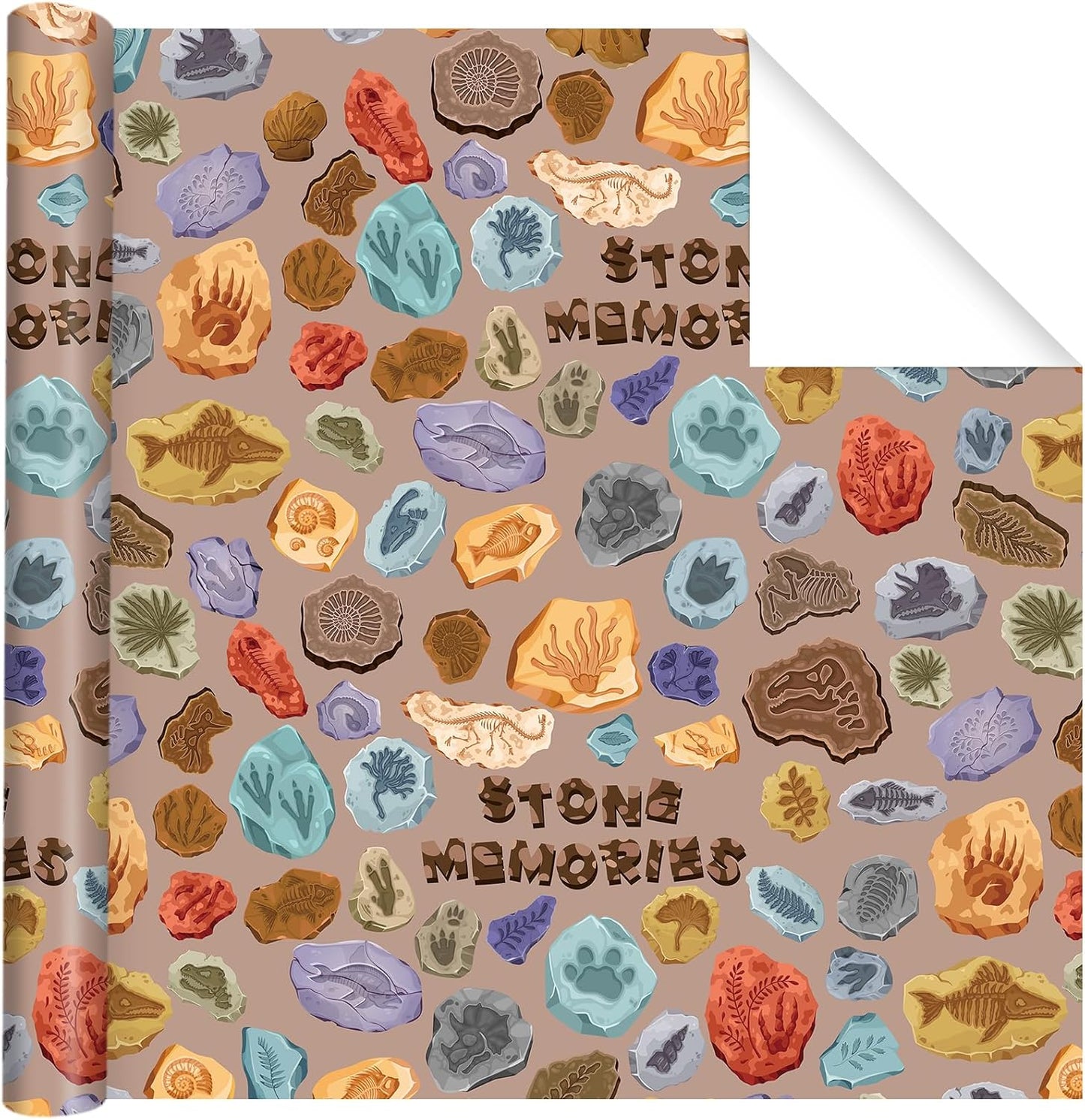 Pineraap Fossil Wrapping Paper Roll - 17Inch x16.4Feet - Dinosaur Animal Skeletons Paleontology Theme Gift Wrap for Science Parties,Birthdays,Educational Events