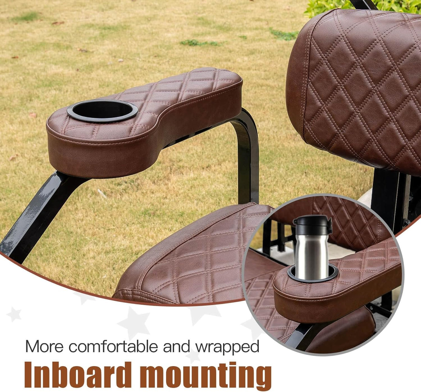 NOKINS Golf Cart Armrest with Cup Holder for EZGO/Club Car/Yamaha, No Drilling Required, Golf Cart Flip Hinged Armrest for Rear Seat with 1 inch Square Tube Frame (Brown&Brown 8438)