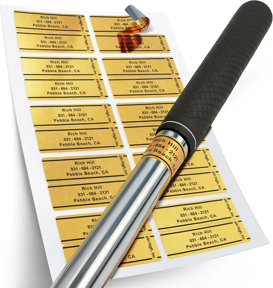 PIN HIGH Personalized Golf Club ID Labels | Weatherproof, Fade Resistant, Laminated Thermal Transfer Labels, Made in The USA, (Free Customization & Shipping), Set of 20, Gold