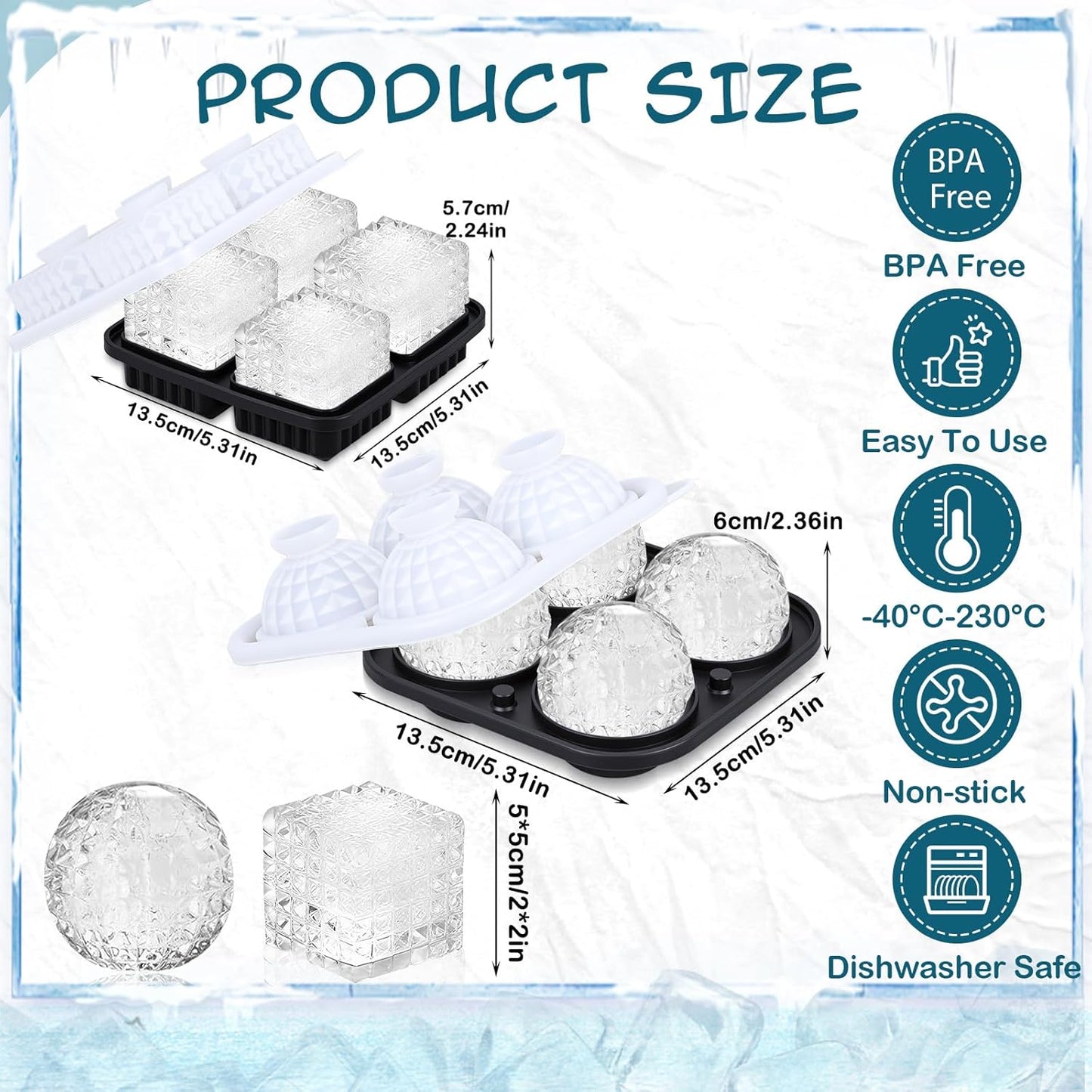 Hoolerry 2 Pcs Silicone Ice Cube Tray Large Square Sphere Golf Ice Tray 4 Hole Fun Shapes Big Ices Cube Mold with Funnel for Whiskey Cocktails Bourbon Chilling White Elephant Gifting(Round,Square)