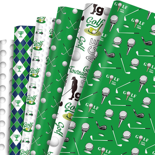 12-Sheet Golf Wrapping Paper Set – 6 Sports-Inspired Designs with Golf Clubs, Balls, Carts & Green Argyle Patterns | Flat Sheets for Birthdays, Retirement Parties & DIY Crafts (20"x27", Not Rolls)