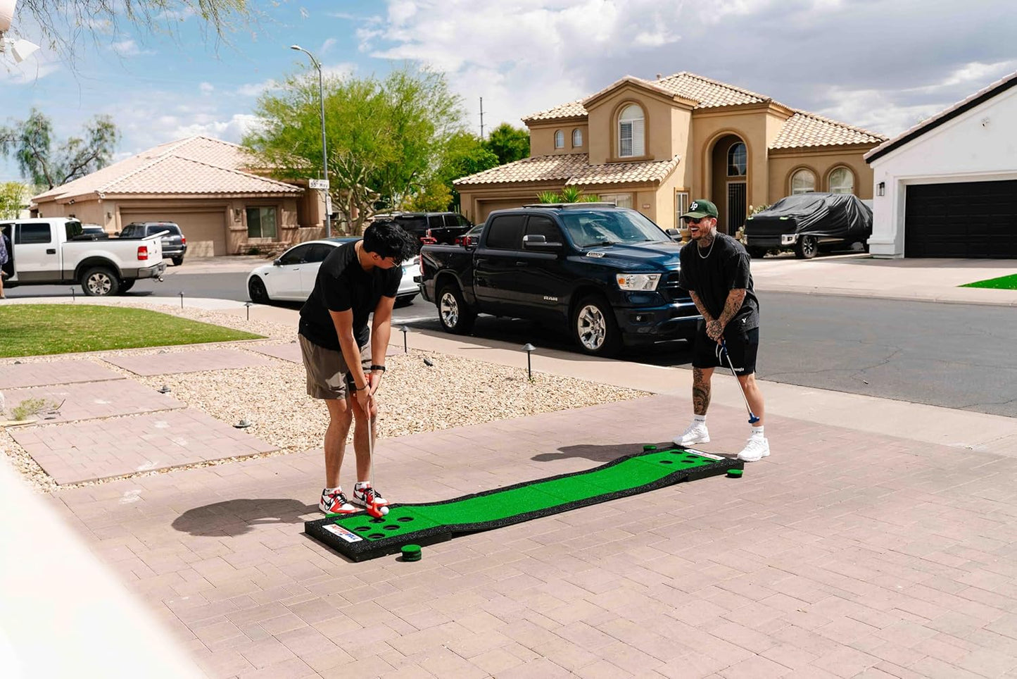 PutterBall Lite Original Golf Putting Game Set – Backyard 9 ft Putting Green Pong Style Golf Mat with 2 Putters, 2 Balls & Hole Covers