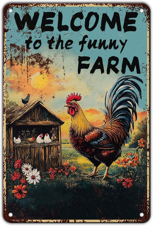 Vintage Chicken Coop Metal Signs Welcome To My Funny Farm Sign Retro Aluminum Sign For Home Garden Outdoor Yard Farmhouse 12x8 Inch