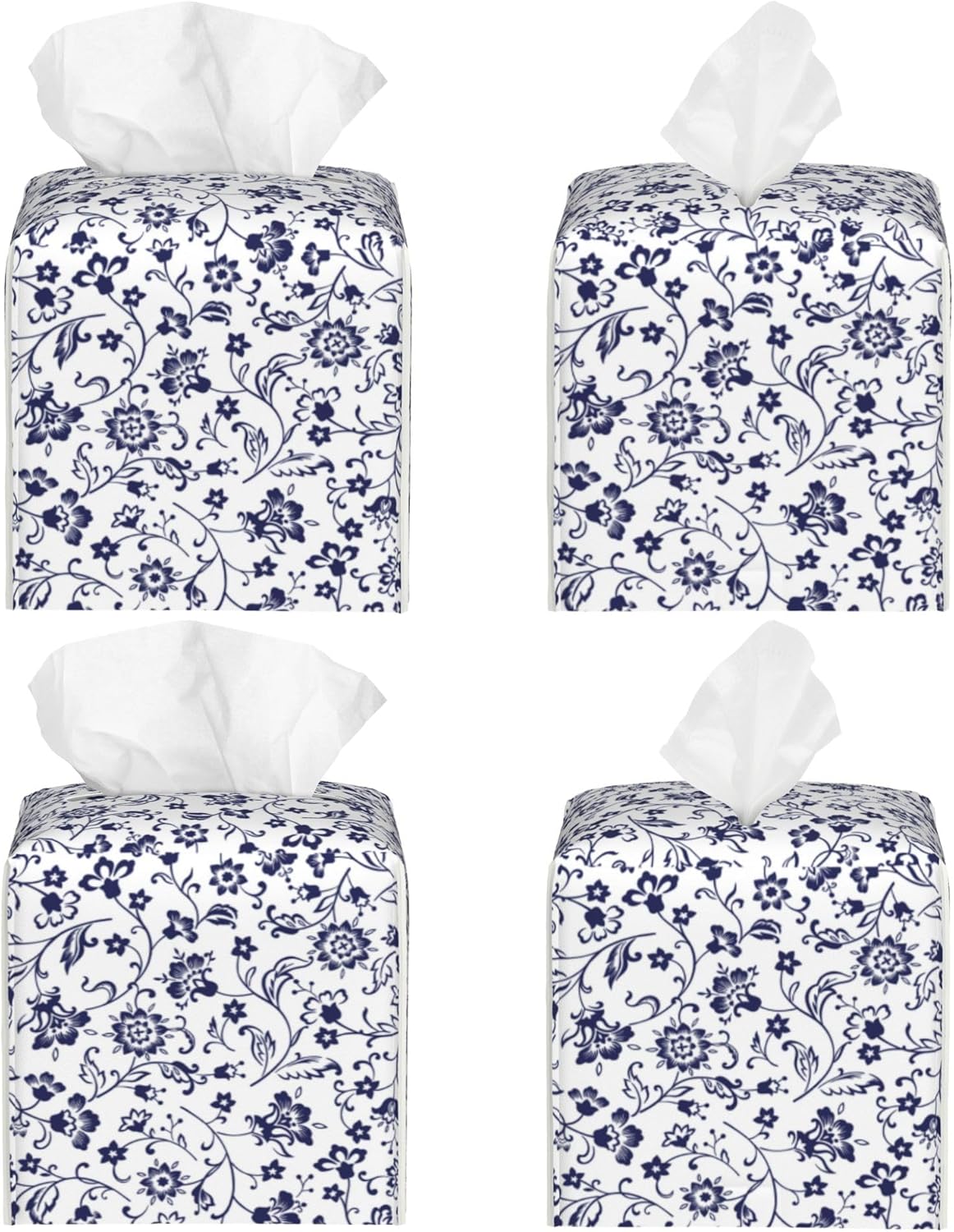 Blue and White Tissue Box Cover Square, Abstract Blue Flowers Tissue Box Holder,Waterproof Leather Facial Paper Organizer Dispenser for Bathroom Home Car Decor