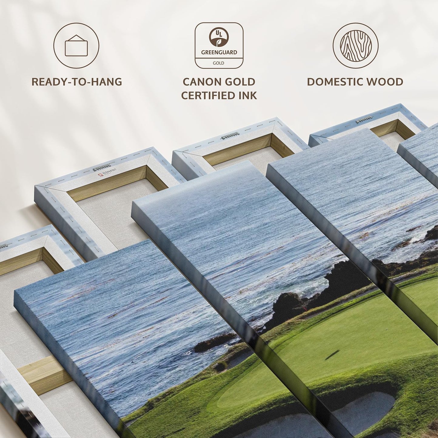 Elephant Stock Pebble Beach Golf Turf Wall Art - Horizontal Canvas - 4-Piece Hallway Wall Decor - Photographic Canvas Print - Brown and Blue Decor for Wall - 24" X 14"