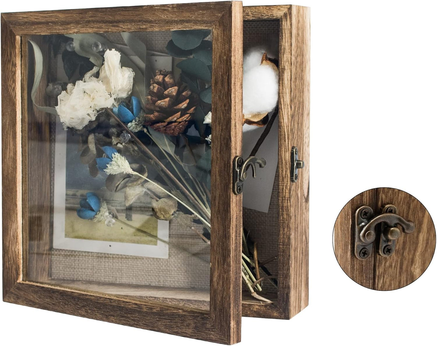 GraduatePro Shadow Box Frame 8x8 Display Case with Linen Back, Real Glass Window Door with Hinge, Picture Frame Wedding Bouquet Memorabilia Medals Photos Memory Box for Keepsakes, Carbonized Black