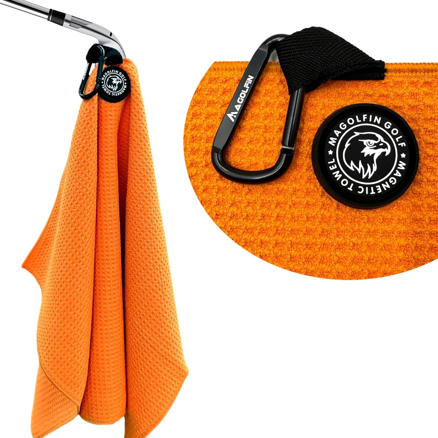 Magnetic Golf Towel with Clip, Microfiber Waffle Design - Industrial Strength Magnet for Strong Hold to Golf Bags, Carts & Clubs - Orange