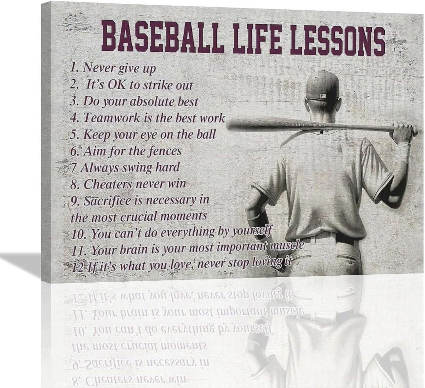Baseball Sports Wall Art Baseball Life Lessons Wall Decor Baseball Sign Retro Poster Boy Men Motivational Decorations Canvas Print Painting Artwork for Bedroom Bathroom Living Room Gym 16"x12"