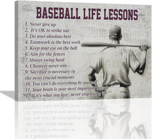 Baseball Sports Wall Art Baseball Life Lessons Wall Decor Baseball Sign Retro Poster Boy Men Motivational Decorations Canvas Print Painting Artwork for Bedroom Bathroom Living Room Gym 16"x12"